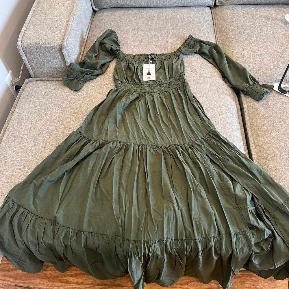 Elegant Olive Green Off-Shoulder Dress